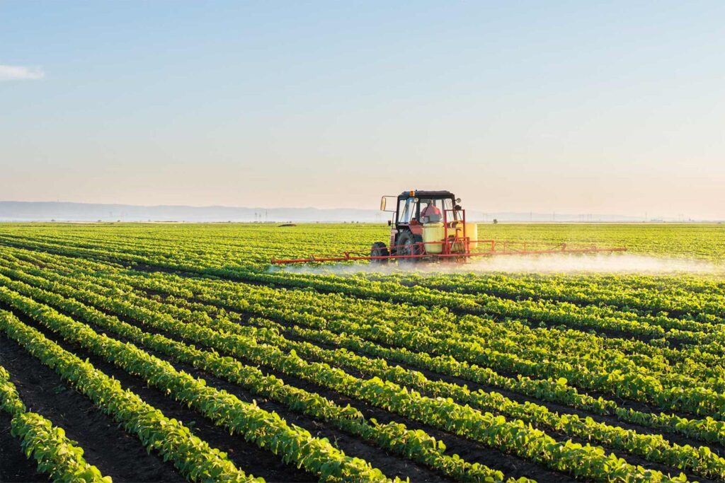 Farmer spraying fertilizer on his crops